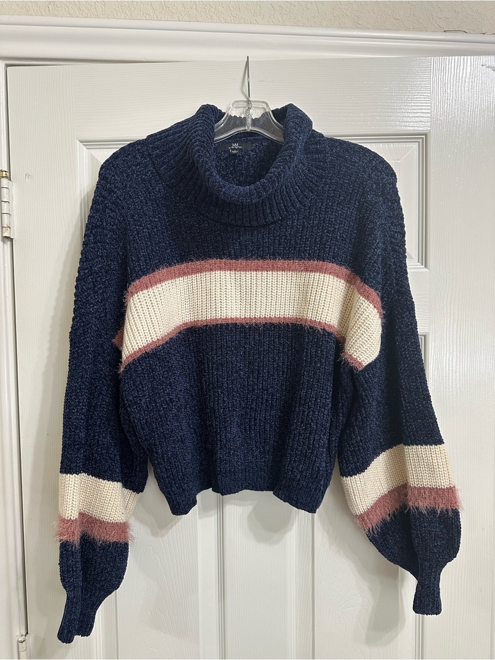 Cozy Navy Turtleneck Stripe Sweater - Women
